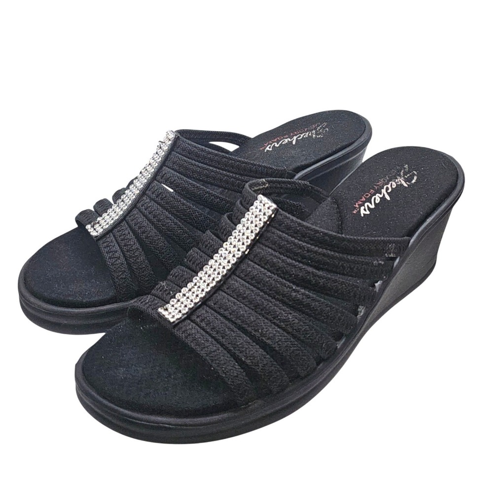 Skechers Cali Memory Foam Rumblers Hotshot Black Wedge Slide w/Rhinestones Sz 9
